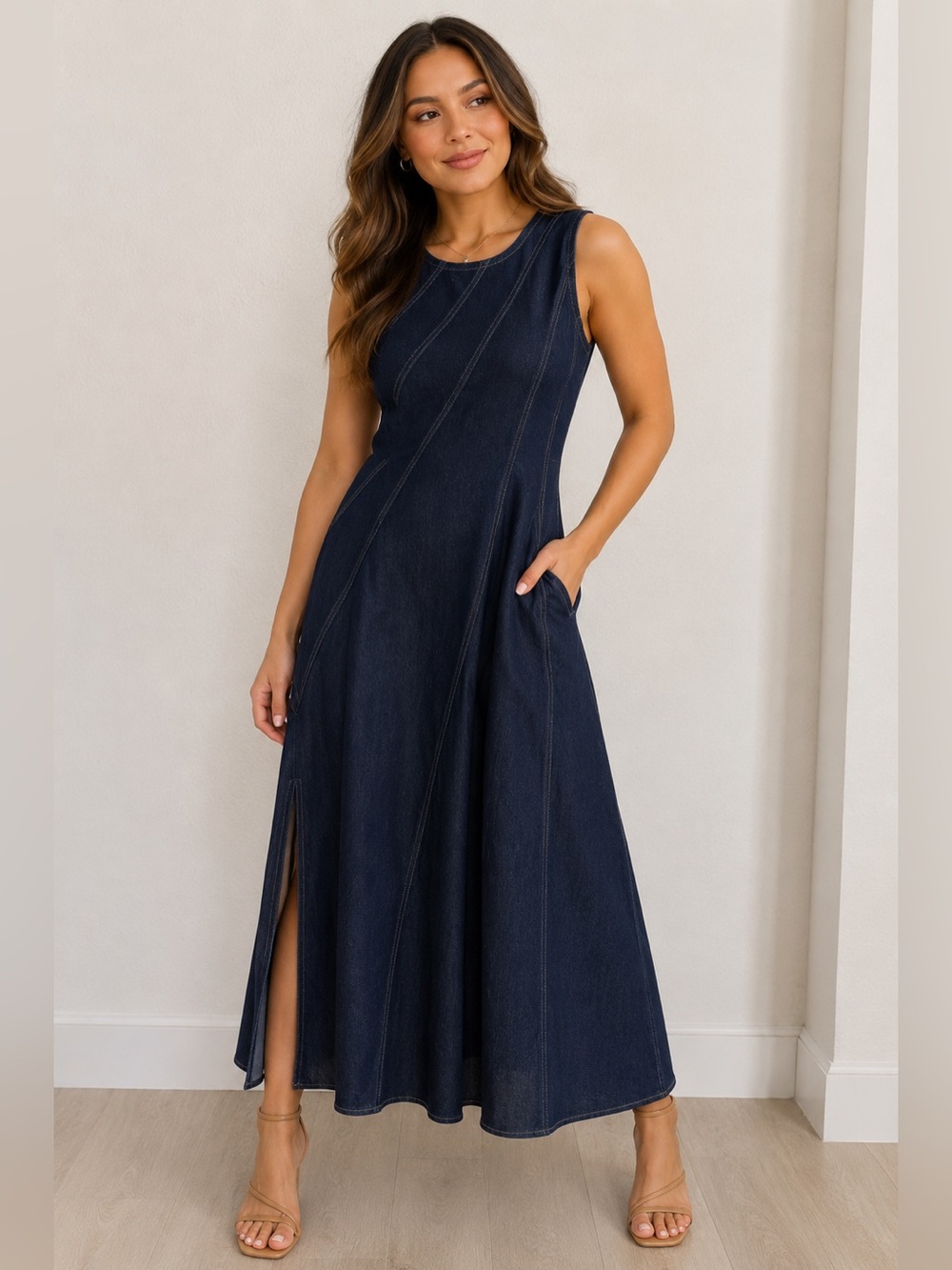 Sleeveless Dark Navy Maxi Dress with Side Slit